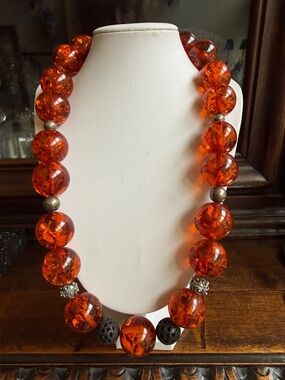 Golden Amber orange huge Beaded Statement Necklace sterling silver beads